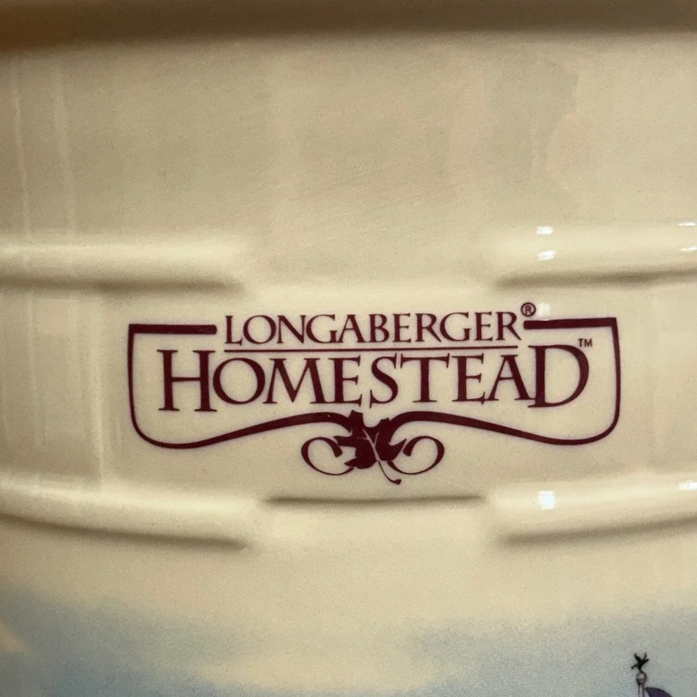 Longaberger Homestead Pottery Canister with Wood Lid Ivory Basketweave USA